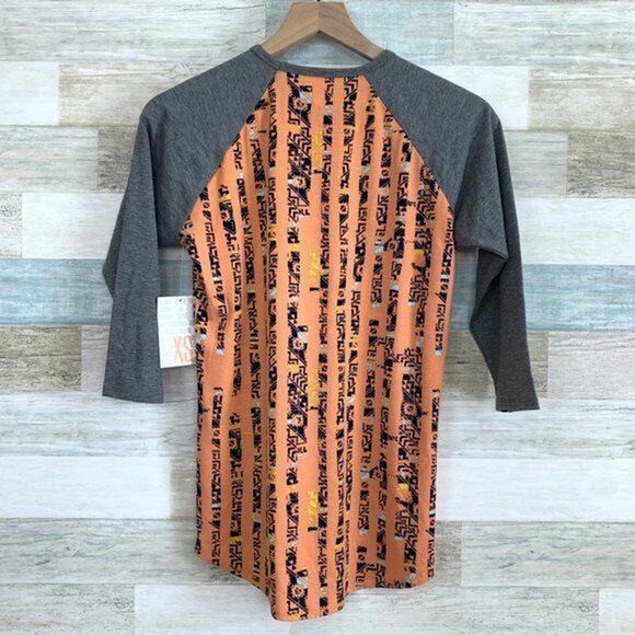 LuLaRoe Randy Baseball Tee Gray Orange Abstract Print Womens XS - Picture 2 of 5